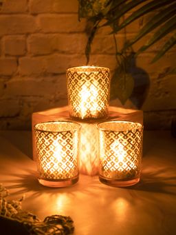 Voncasa - Glass T Light Candle Holders Pack Of 3 - Gold