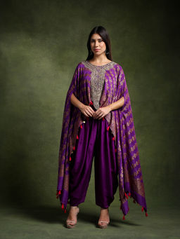 QAIYNAT - Purple Banarsi Silk Hand Embroidered Top with Tulip Dhoti (Set of 2)