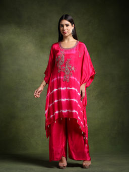 QAIYNAT - Fuchsia Pink Crepe Hand Embroidered Batik Print Kaftan and Pant (Set of 2)