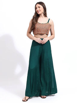 QAIYNAT - Emerald Green Chinon Embellished Crop Top with Palazzo and Cape (Set of 3)