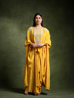 QAIYNAT - Chrome Yellow Crepe Hand Embroidered Top with Draped Skirt (Set of 2)