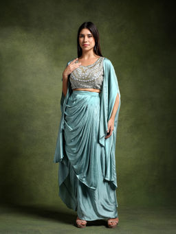 QAIYNAT - Ice Blue Satin Embellished Blouse with Cowl Drape Skirt and Cape (Set of 3)