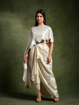 QAIYNAT - Ivory Organza Draped Skirt with Sequenced Scalloped Top (Set of 2)