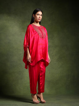 QAIYNAT - Fuchsia Pink Satin Silk Mirror Work Co-Ord (Set of 2)