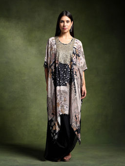 QAIYNAT - Grey Crepe Printed Long Kaftan with Skirt (Set of 2)