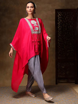 QAIYNAT - Georgette Fuchsia Pink Kaftan with Grey Tulip Dhoti (Set of 2)