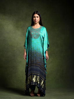 QAIYNAT - Long Hand Embroidered Satin Silk Bandhej Kaftan and Pant (Set of 2)