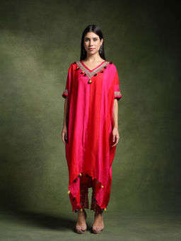 QAIYNAT - Pink Silk Long Embroidered Kurta and Pant (Set of 2)