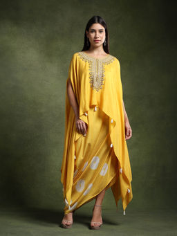 QAIYNAT - Chrome Yellow Batik Print Embroidered Top with Draped Skirt (Set of 2)
