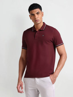 Arrow Sports - Red Striped Collar Solid Polo T-Shirt