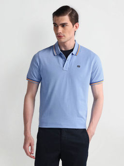 Arrow Sports - Blue Striped Collar Solid Polo T-Shirt