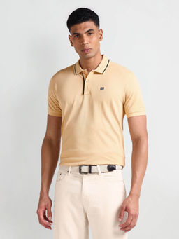 Arrow Sports - Beige Striped Collar Solid Polo T-Shirt