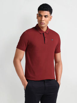 Arrow Sports - Red Striped Collar Solid Polo T-Shirt