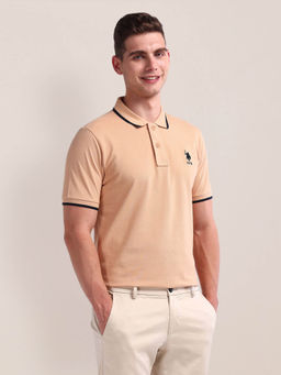 U.S. POLO ASSN. - Beige Solid Slim Fit Polo T-Shirt