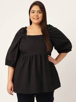 theRebelinme - Womens Black Solid Color Gathers Detailed Top