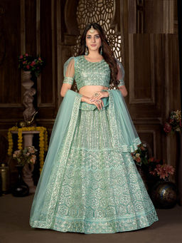 Odette - Blue Embroidered Designer Net Semi Stitched Lehenga With Unstitched Blouse (Set of 3)