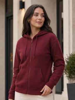 Nobero - Regular Fit Cotton Full Sleeve Red Zipper Closure Hoodie