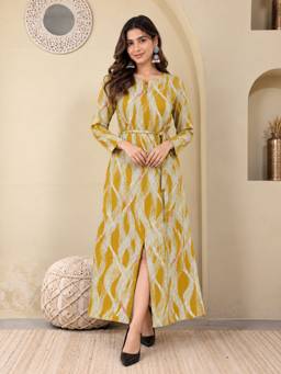 FITHUB - Mustard Rayon Printed Maxi Dress