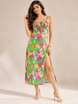 PANIT - Green Women Floral Printed Side Slits A-Line Dress