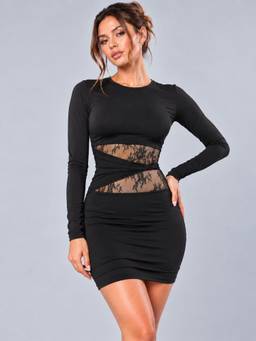 PANIT - Black Women's Solid Elegant Lace Patchwork Sleeve Dress