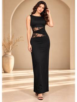 PANIT - Black Women's Solid Elegant Lace Patchwork Sleeveless Dress