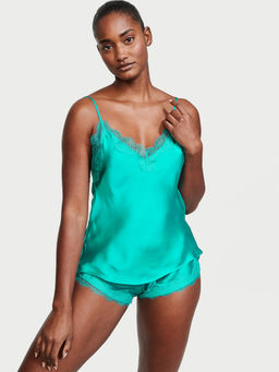 Victoria's Secret - Women Green Satin Self Design Top with Shorts (Set of 2) (S)
