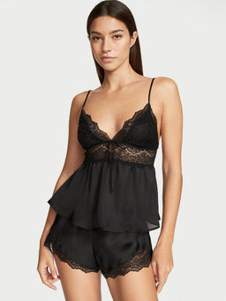 Victoria's Secret - Women Black Stretch Lace Satin Cami Top with Shorts (Set of 2)