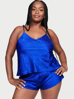 Victoria's Secret - Women Blue Satin Floral Jacquard Cami Top with Shorts (Set of 2) (M)