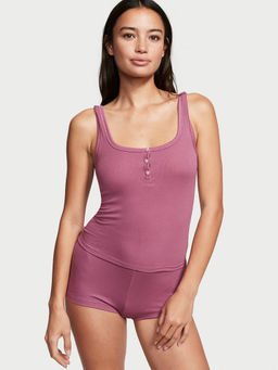 Victoria's Secret - Women Pink Ribbed Modal Henley Tank Top with Shorts (Set of 2)