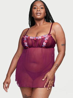 Victoria's Secret - Women Red Very Sexy Floral Embroidery Babydoll with Panty (Set of 2) (XS)