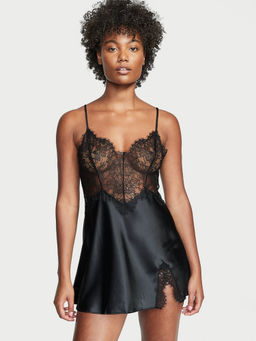 Victoria's Secret - Women Black Lace Top Satin Slip Babydoll (L)