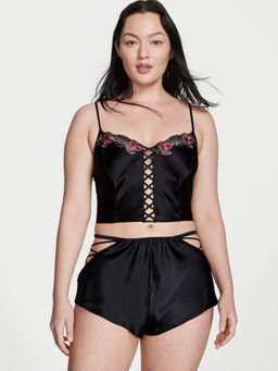 Victoria's Secret - Women Black Lace-Up Satin Cami Top with Shorts (Set of 2) (M)