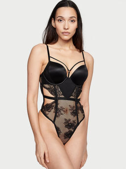 Victoria's Secret - Women Black Very Sexy Bombshell Fishnet Floral Teddy Babydoll (L)