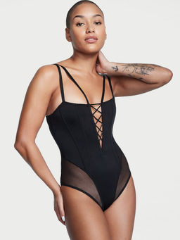 Victoria's Secret - Women Black Very Sexy Lace-Up Corset Teddy Babydoll (XL)