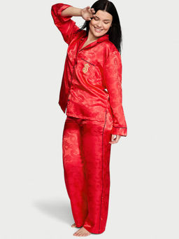 Victoria's Secret - Women Red Printed Satin Shirt with Pyjama (Set of 2) (M)