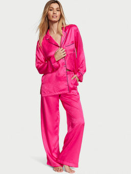Victoria's Secret - Women Pink Satin Printed Shirt with Pyjama (Set of 2) (XS)