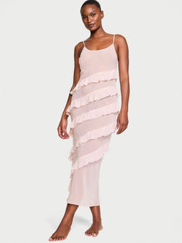 Victoria's Secret - Women Pink Ruffled Chiffon Long Slip Dress (M)