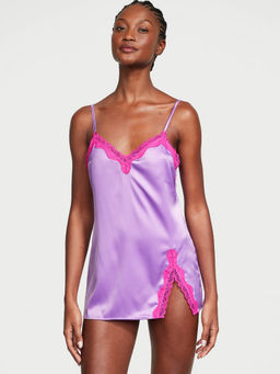 Victoria's Secret - Women Purple Fun Flirty Satin Lace-Trim Mini Slip Dress