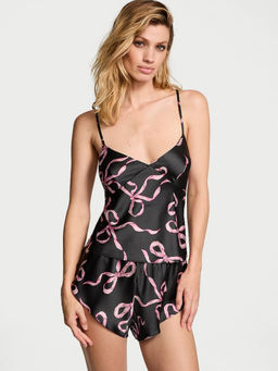 Victoria's Secret - Women Black Satin Open-Back Printed Top with Shorts (Set of 2) (L)