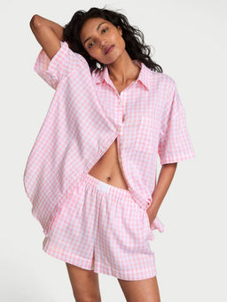Victoria's Secret - Women Pink Modal-Cotton Checks Gingham Shirt with Shorts (Set of 2)