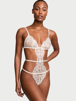 Victoria's Secret - Women White Very Sexy Boho Floral Embroidery Crotchless Babydoll