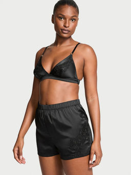 Victoria's Secret - Women Black Jaguar Satin Triangle Bralette with Shorts (Set of 2) (S)