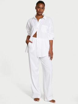 Victoria's Secret - Women White Modal-Cotton Striped Shirt with Pyjama (Set of 2)