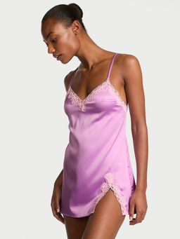 Victoria's Secret - Women Purple Tease Satin Lace-Trim Mini Slip Dress