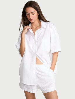 Victoria's Secret - Women White Stripes Modal-Cotton Shirt with Shorts (Set of 2)