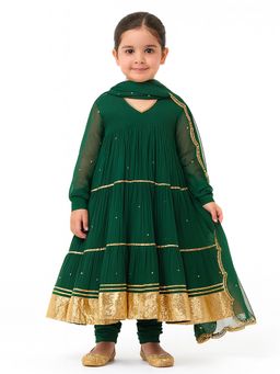 Tiny Pants - Green Georgette Regular Anarkali Kurta With Churidar & Dupatta