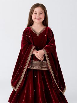 Tiny Pants - Wine Velvet Regular Kurta With Lehenga & Dupatta