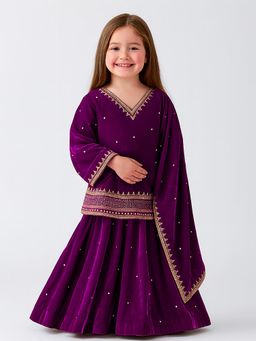 Tiny Pants - Burgundy Velvet Regular Kurta With Lehenga & Dupatta