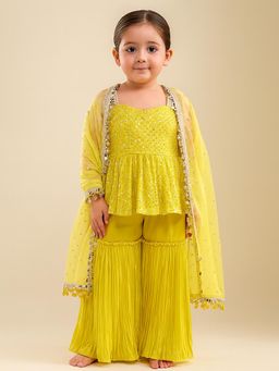 Tiny Pants - Yellow Georgette Regular Kurta With Sharara & Dupatta