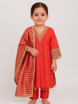 Tiny Pants - Coral Cotton Regular Kurta With Pant & Dupatta